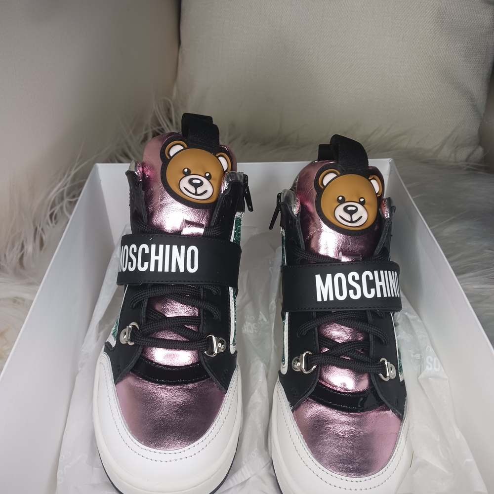 Moschino Kids Shiny Pink and Black Bear Sneakers